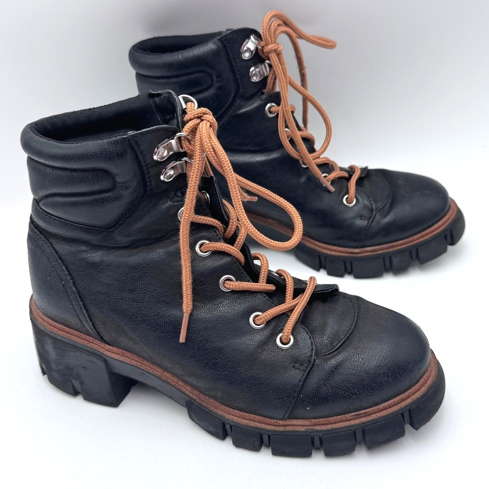 MIA Women's 6 Black Faux Leather Catalin Lug Sole Combat Boots Lace Up Chunky